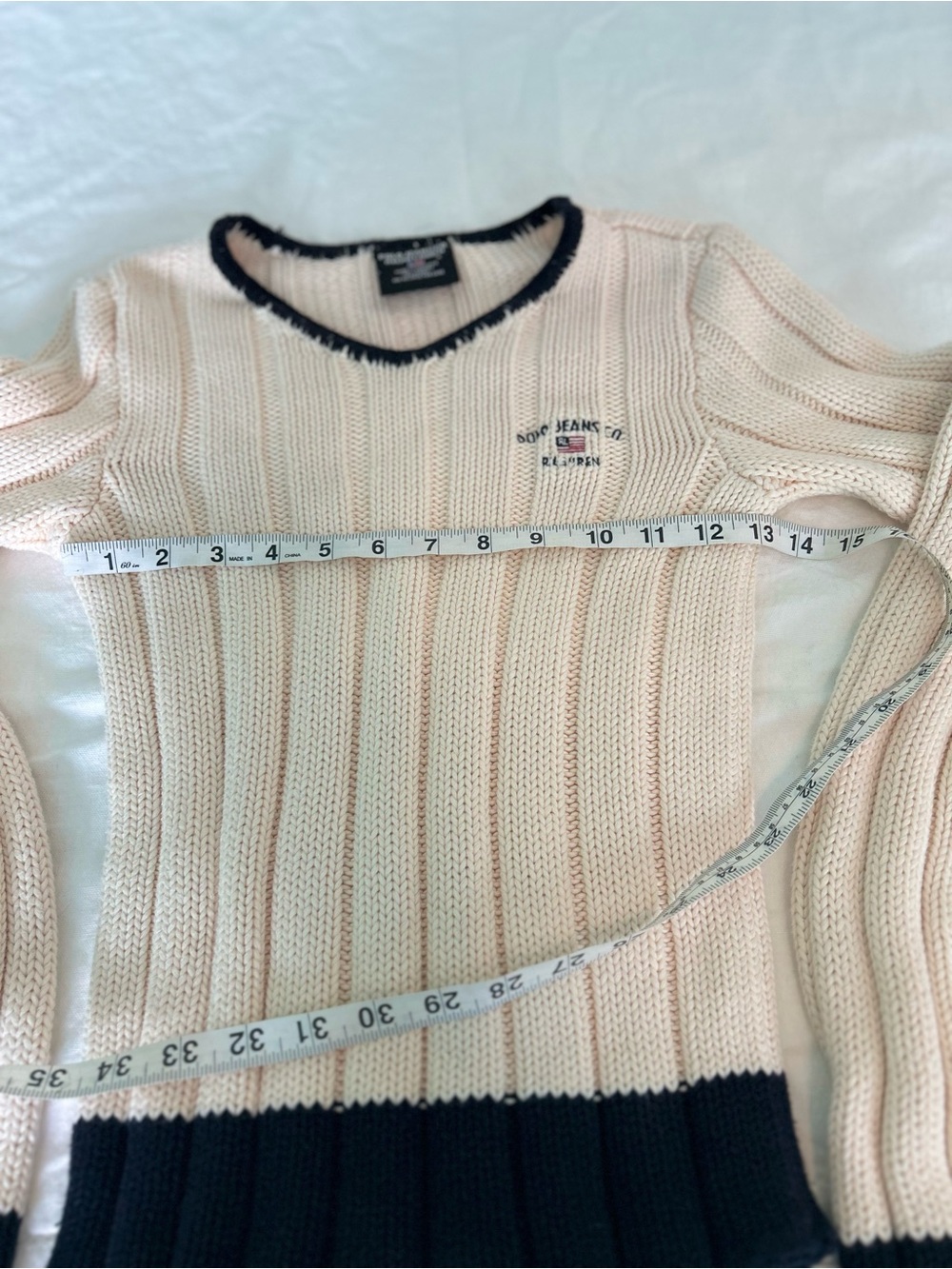 VTG Y2K Polo Jeans Co Ralph Lauren Flag Knit Sweater Cream Navy Blue Trim Small - Picture 8 of 8